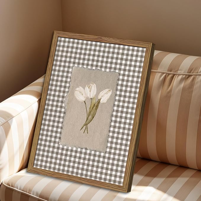 Vintage White Tulips Framed Canvas Wall Art – Brown Gingham Botanical Painting Print, Rustic Farmhouse Floral Picture for Living Room Bedroom Nursery Office Home Decor 24x16 inch