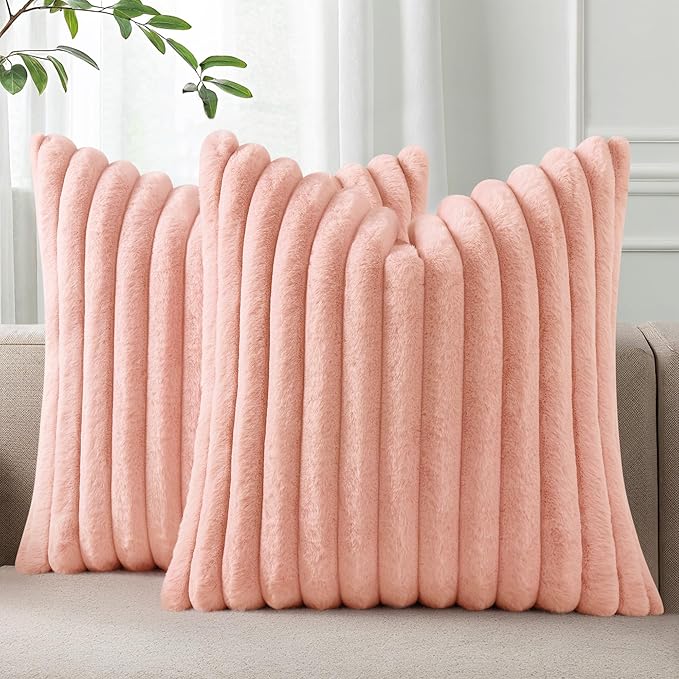 Pallene Faux Fur Decorative Throw Pillow Covers 18x18 Set of 2, Pink | Luxury Plush Texture, Striped Design, Cozy Soft Touch, Modern Home Accent Decor for Couch, Sofa, Bed, Living Room