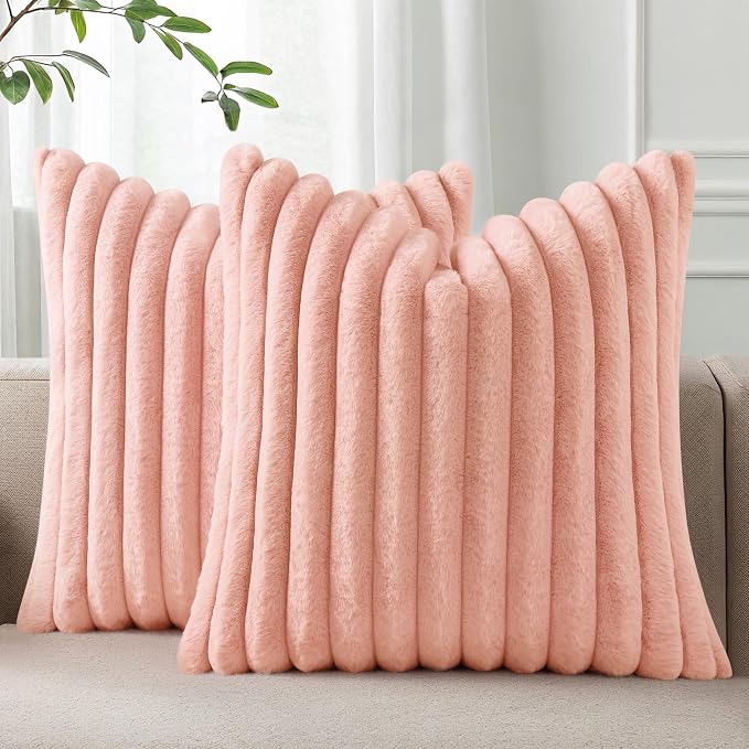 Pallene Faux Fur Decorative Throw Pillow Covers 24x24 Set of 2, Pink | Luxury Plush Texture, Striped Design, Cozy Soft Touch, Modern Home Accent Decor for Couch, Sofa, Bed, Living Room
