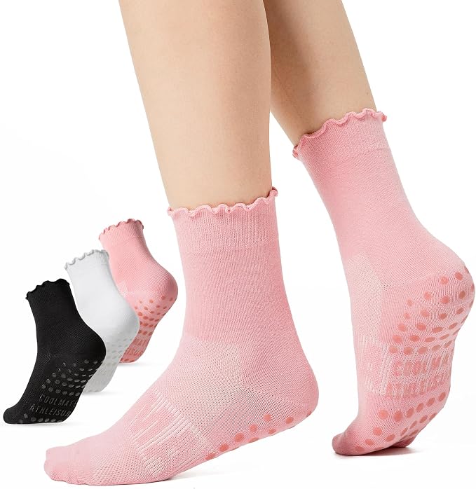COOLMATE Pilates Socks with Grips for Women, Yoga Socks, Crew Non Slip Women for Barre, Pilates Gifts for Women