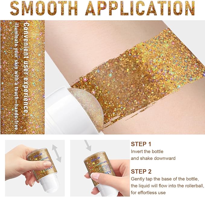 Roll-on Holographic Body Glitter Gel for Face and Hair, Chameleon Color Changing Glitter Gel Under Light, Chunky Mermaid Sequins Festival Party Rave Accessories Body Shimmer Makeup (Champagne)