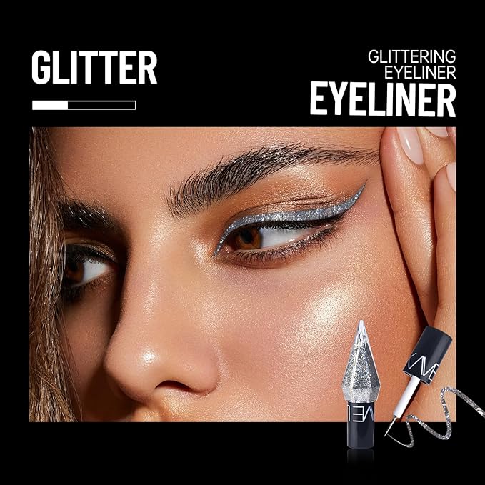 Glitter Liquid Eyeliner Colorful Set, 5 Colors Metallic Shimmer White Black Silver Gold Grey Eyeliner Waterproof Long Lasting Sparkle Glitter Liquid Eyeshadow Dazzling Valentines Eye Makeup for Women