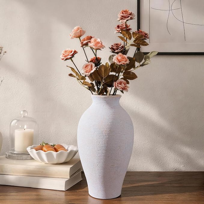 Ceramic Flower Vase Home Decor, 11 in Farmhouse Table White Vases Rustic Vintage Living Room Kitchen Bedroom Decorations Pottery Decorative Vases for House Shelf Office Coffee Desk Dining Fireplace