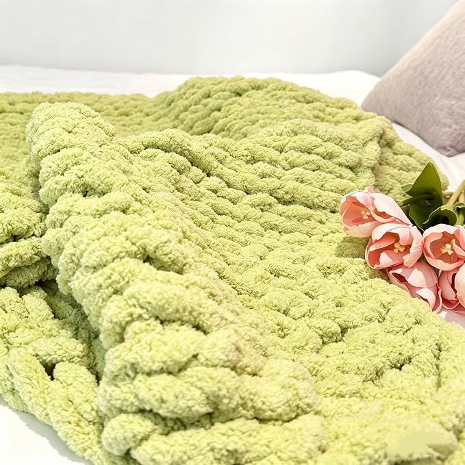 Soft Chunky Knit Throw Blanket for Couch, Cozy Warm Knitted Blankets | Hand Knit with Jumbo Chenille, Lightweight Warm Fluffy Decor for Women, Mom, Her & Girls, Sofa, Chair, Bed, 48"×71"(Green)