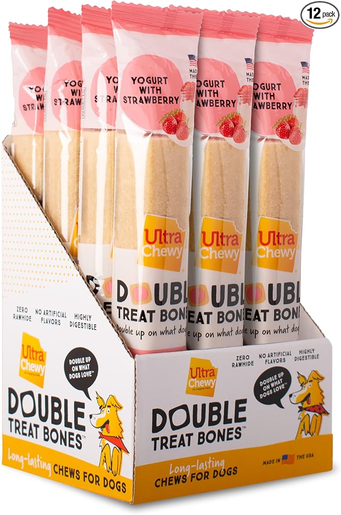 Ultra Chewy Yogurt with Strawberry Double Treat Bones, 12 Count | Long-Lasting Dog Treats, Made in USA, For Large and Small Breeds, Highly Digestible