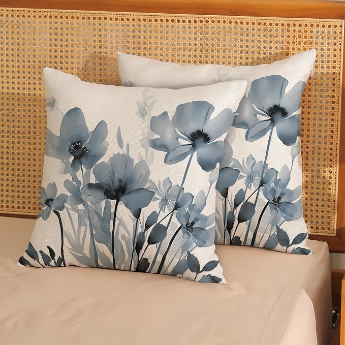 Spring Floral Pillow Covers 18x18 Inches Set of 2,Blue Floral Throw Pillow Covers Outdoor Summer Flower Decoration Pillowcase Farmhouse Decorative Square Cushion Cover For Couch Sofa Home Decor
