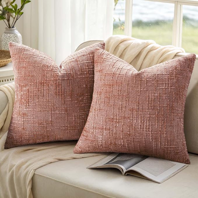decorUhome Textured Chenille Throw Pillow Covers 18x18 Set of 2 Pink | Fall Modern Farmhouse Soft Cozy Slubby Couch Pillow Cases Boho Decorative Pillow Cases for Bed Sofa Living Room Home Decor