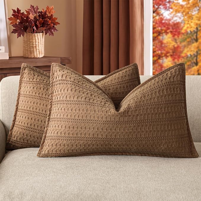 Foindtower Set of 2 Decorative Cotton Waffle Weave Lumbar Throw Pillow Covers Euro Shams Cushion Covers Accent European Pillowcase for Bed Couch Bedroom Living Room Home Decor 12×20 Inch Orange Brown