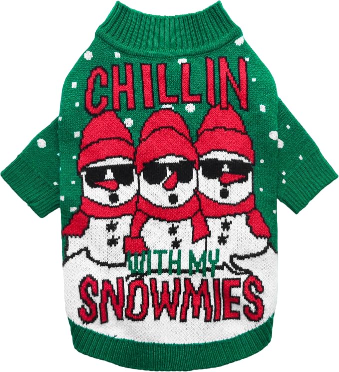 Fitwarm Chillin with My Snowmies Dog Ugly Christmas Sweater, Winter Dog Clothes for Small Dogs Girl Boy, Pet Holiday Sweatshirt, Xmas Snowman Outfit, Green, Red, White, XS