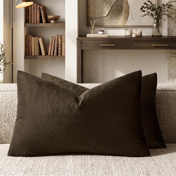 GIGIZAZA Brown Velvet Pillow Covers 12x20 Decorative Pillows Pack of 2 | Lumbar Throw Pillows for Couch Sofa,280gsm Soft Textured Fabric,Modern Pillowcases,Luxury Cushion Covers