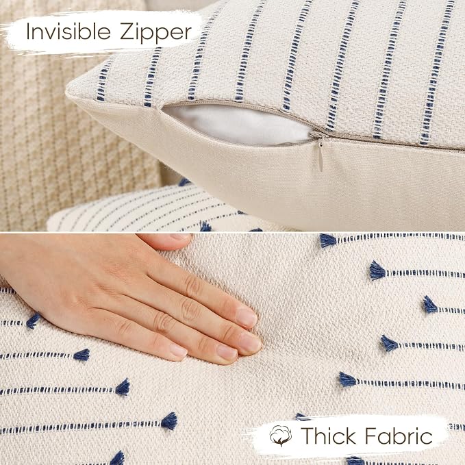 Boho Outdoor Throw Pillow Covers 20x20 Set of 2 Neutral Woven Decorative Pillowcases Cotton Tufted Couch Pillows Modern Farmhouse Cushion Covers for Sofa Couch Bed Living Room Home Decor, Navy Blue