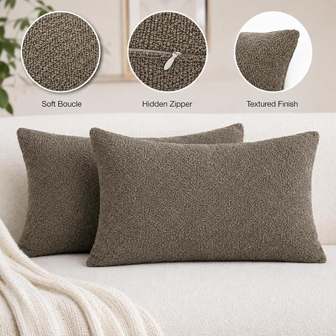 JoraLion 12x20 inch Boucle Throw Pillow Covers, Brown Woven Texture Neutral Pillow Cover Breathable Cushion Case for Couch Sofa Bed Living Room Home Decor, Pack of 2, No Insert