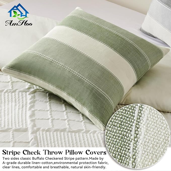 Pack of 2 Farmhouse Stripe Check Throw Pillow Covers Set Case Cotton Linen Decorative Pillowcases Cushion Cover for Couch Bench Sofa 16x16 Inch Sage Green