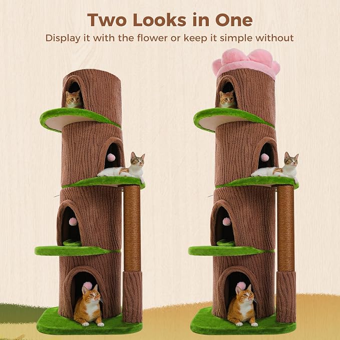MUTTROS 68.5" Forest Cat Tree Tower with 4 Condos & Flower Top Bed, Brown | Tree-look design, 3.8in thick sisal post, 4 spacious condos, Flower top bed, Heavy duty build, Multi-cat homes