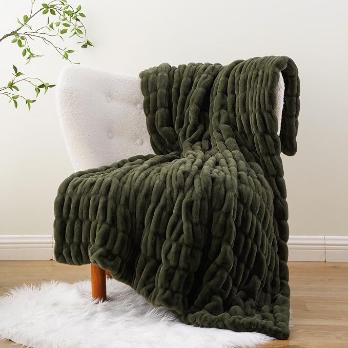 BATTILO Super Soft Faux Fur Throw Blanket for Couch, 60"x80", Double Side | Olive Green Throw Blanket, Minky Couture Blanket, Cozy Warm Fluffy Faux Fur Blanket For Bed, Sofa Living Room