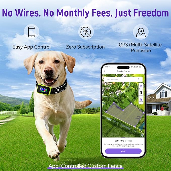 GPS Wireless Dog Fence & Remote Training Collar, Free APP Control, No Subscription Fee, Adjustable GPS Boundary, Green, Dogs 10-120 lbs