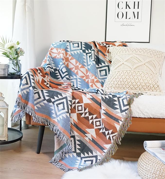 Lqprom Aztec Southwestern Throw Blanket,Native American Cover 51"x63" | Southwest Boho Style,Sofa Chair Cover,Outdoor Beach Car Tent Travel Camping Use,Reversible and lightweight,Tapestry,Tassels
