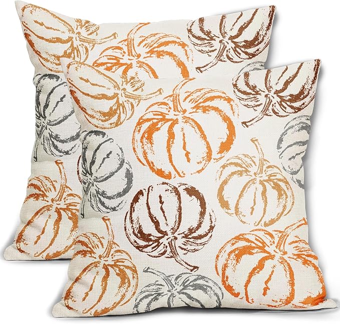 Fall Pillow Covers 22X22 Inch Set of 2 Burnt Orange Brown Grey Pumpkin Decorative Pillow Cases Autumn Harvest Thanksgiving Cotton Linen Cushion Case Holiday Home Decor For Sofa Bed Couch Outdoor