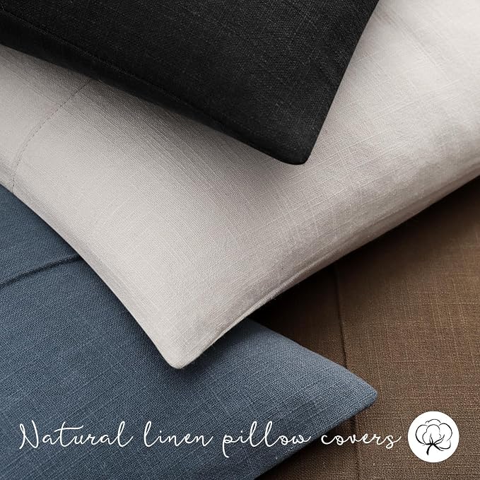 Decorative Linen Throw Pillow Covers 16x16 Set of 2 Solid Handcrafted Striped Cushion Covers for Bed Soft Modern Farmhouse Neutral Pillowcase for Couch Bedroom Living Room Home Decor(Slate Blue)