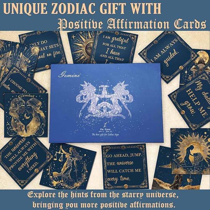 Faivykyd Gemini Crystals Gift for Women - 6 Gemini Zodiac Natural Stones w/50 Miracle Mantras Affirmation Cards, Healing Astrology Gifts for Motivation, Promote Positive Energy