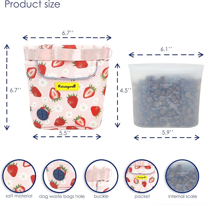 Raisingwell Dog Treat Pouch for Pet Walking and Training with Clicker 2 Cup Silicone Bag Small Fanny Pack Holder for Puppy Snack Dispenser Kit for Leash and Outdoor Use (Strawberry)