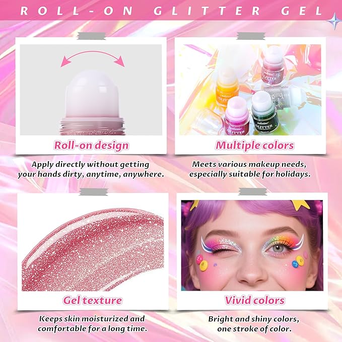 Body Glitter, Roll-on Glitter for Body, Face, Hair and Lip,Shimmer Three-Dimensional Glitter, Halloween Sparkling Body Contouring Highlight Makeup, 20g/0.7 oz (Purple)