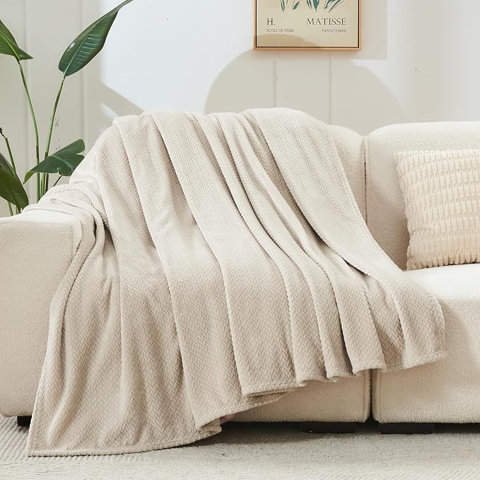 NEWCOSPLAY Fleece Leaves Pattern Twin Blanket, Linen, 60"x80" | Super Soft Throw Blanket, Lightweight Cozy Bed Sofa Blanket, Premium Silky Flannel Fleece, Travel Blanket for All Season Use