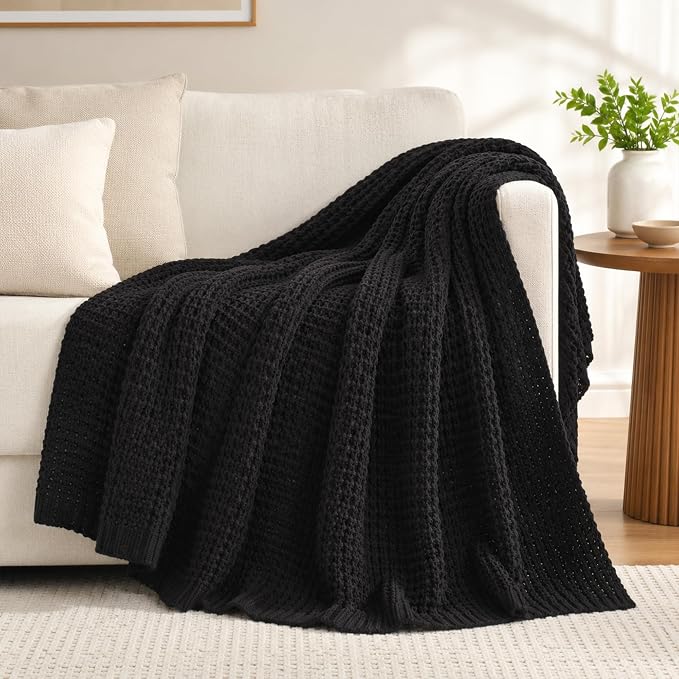 Waffle Knit Throw Blanket, Black Chenille Throw Blanket for Couch 50"x60" | Cozy Stylish Chunky Knitted Blanket, Ideal for Bed Sofa Men Home Decor,Modern Farmhouse Waffle Knit Texture