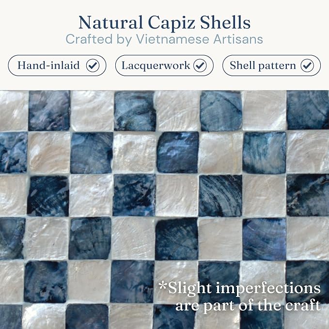 12"x8" Decorative Capiz Boxes Keepsake Trunk, Navy Blue, Set 2 | Handmade capiz inlaid keepsake boxes for photos, blue checkered boxes, checkered box decor, blue storage box for bedroom
