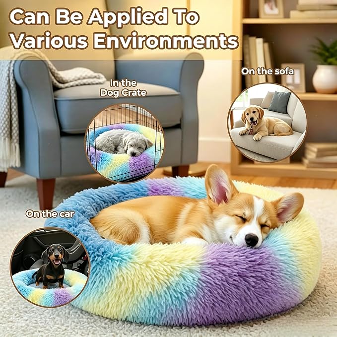 Calming Donut Dog and Cat Bed for Indoor Cats, Anti-Anxiety Round Fluffy Soft Washable Small Pet Bed for Puppy and Kitten, Warming Comfortable Luxury Anti-Slip Waterproof Mute Base 20in Rainbow
