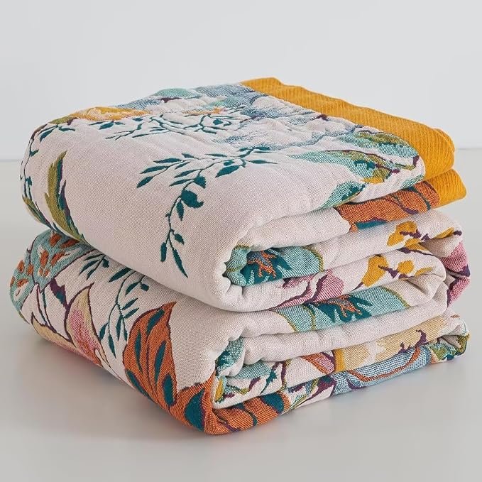 Boho Throw Blanket for Bed 100% Cotton Bohemian Blankets Ultra Soft Woven Muslin Decorative Blankets All Seasons Vintage Quilt Knitted Blanket for Sofa Chair(Beige, 80"x90")