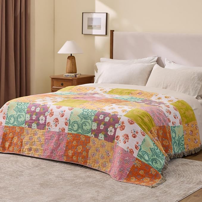 RILIHO 100% Cotton Boho Throw Blanket for Home Decor – Classic Farmhouse Quilt Bedding, Muslin Blankets for Adults, Vintage Woven Decorative Blanket for Couch, Bed Layering Use, Patchwork, 104"x90"