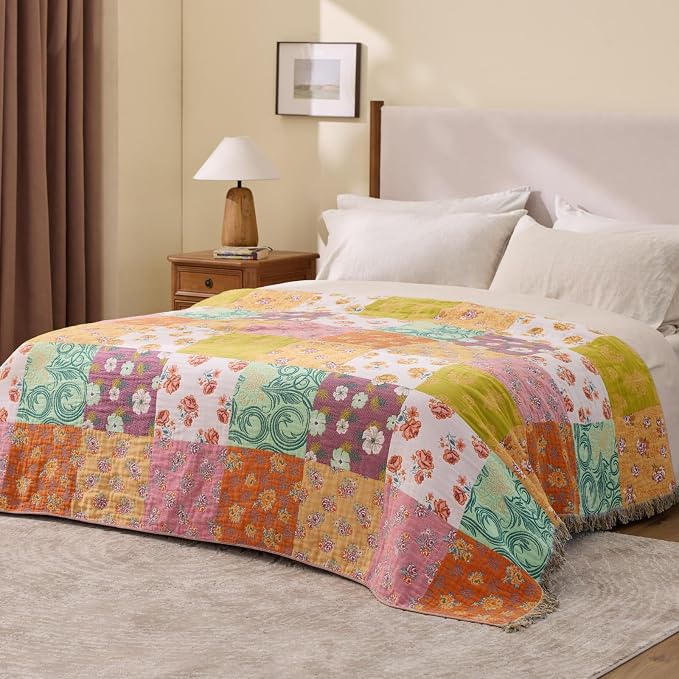 RILIHO 100% Cotton Boho Throw Blanket for Home Decor – Classic Farmhouse Quilt Bedding, Muslin Blankets for Adults, Vintage Woven Decorative Blanket for Couch, Bed Layering Use, Patchwork, 90"x90"