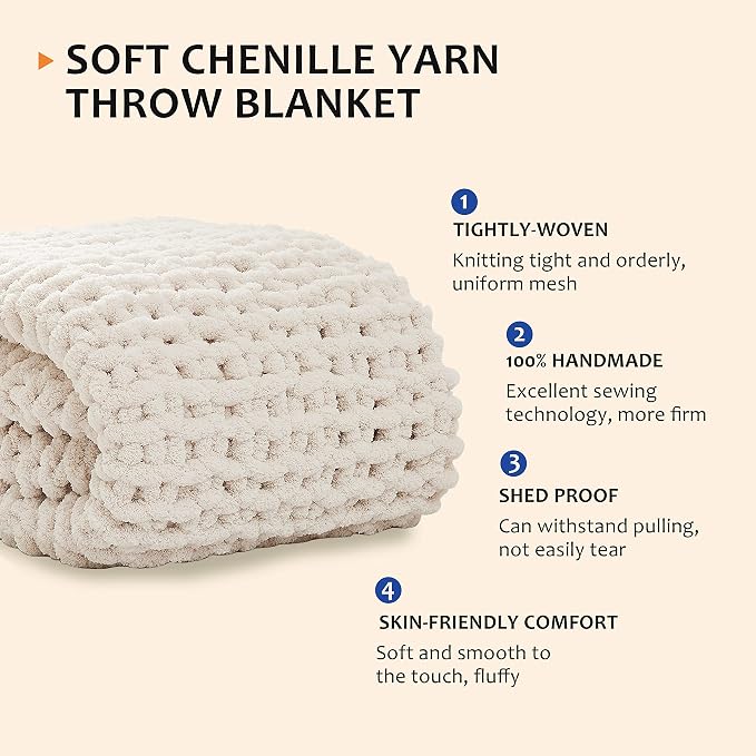 L'AGRATY Chunky Knit Throw Blanket for Couch, 40'' x 50'' Knit Throw, Ivory | Handmade Chenille Crochet Blanket for Sofa Bed, Thick Cable Knitted Blankets for Room Home Decor, Birthday Gift for Women Mom