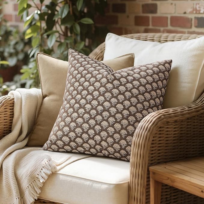 MIULEE Fall Floral Print Decorative Euro Pillow Covers 22x22, Chocolate | Vintage Boho Farmhouse Modern Home Decor, Set of 2, Brown Block Print Cushion Covers for Couch Sofa Bed Living Room
