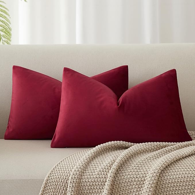 12x20 Lumbar Throw Pillow Covers Set of 2 for Couch Bed Sofa,Burgundy | Decorative Soft Velvet Cushion Covers with Invisible Zipper for Living Room Bedroom Home Decor Christmas