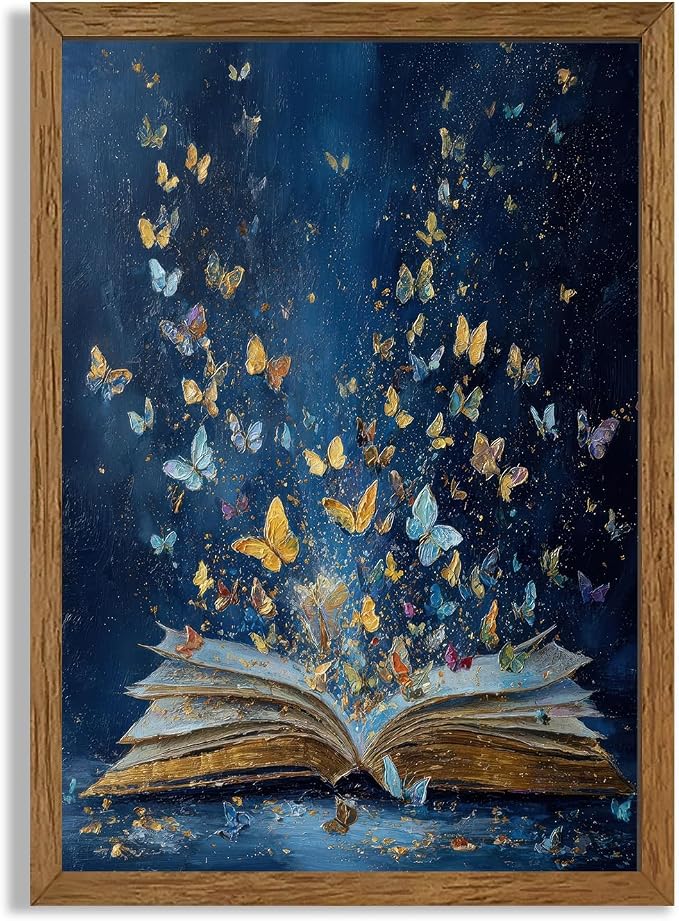 JLTULT Book Wall Art with Butterflies, Solid Wood-Framed Canvas, 16x24 in | Blue open-book art with butterflies on fade-resistant canvas and a ready-to-hang solid wood frame for bedrooms and studies