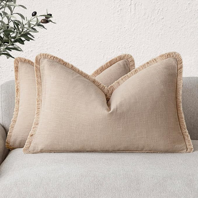 Foindtower Set of 2 Decorative Linen Fringe Throw Pillow Covers Boho Farmhouse Cushion Cover with Tassels Accent Pillowcase for Couch Chair Sofa Bed Living Room Home Bedroom Decor,12×24 Inch,Tan Beige