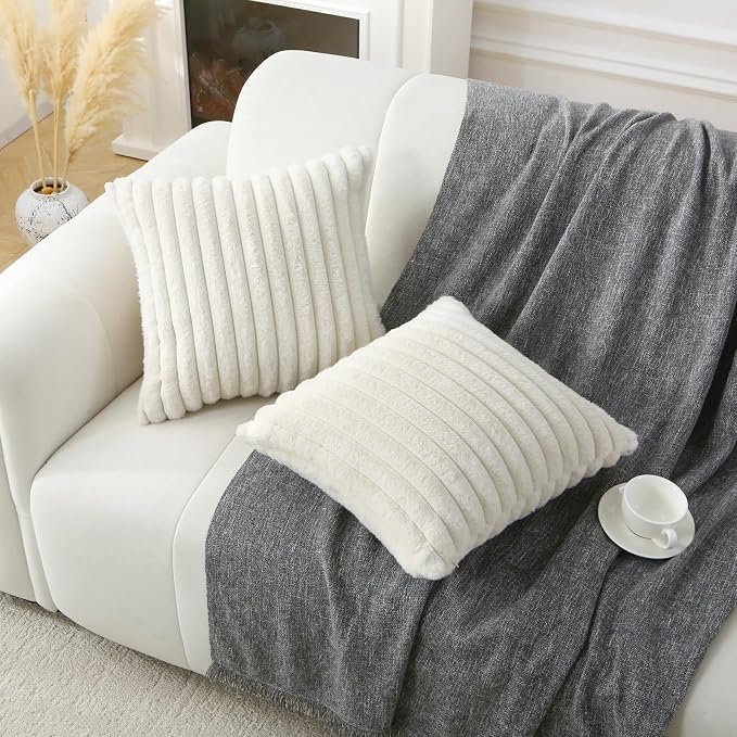 Decorative Throw Pillow with Inserts, Set of 2 Soft Faux Fur Throw Pillows, Square Boho Striped Pillow for Couch, Bed, Sofa Decor (Beige, 20" x 20"(Pack of 2))