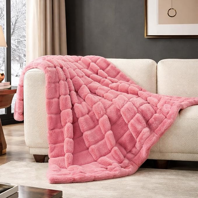 Cozy Bliss Faux Fur Throw Blanket for Couch, Cozy Warm Plush Striped Blanket for Sofa Bedroom Living Room, 50 * 60 Inches Pink