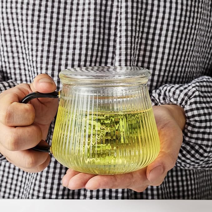 Lezero Tea Infuser Cup with Filter and Lids, Borosilicate Glass Mugs with Strainer for Blooming & Loose Leaf, Lead-free, Microwave & Dishwasher Safe, 14oz