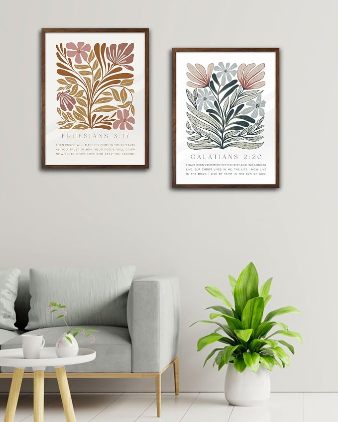 EcoHest 12x16 in Galatians 2:20 Abstract Floral Framed Christian Wall Art | Walnut Color Solid Oak Frame，Canvas Wall Art, Boho Scripture Bible Verse Decor for Bedroom, Living Room, Office, Church,1Pack