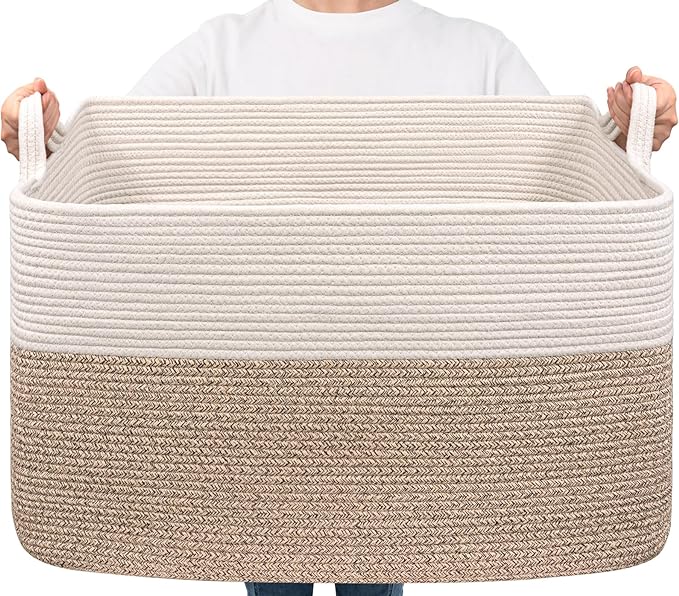 Goodpick 85L Large Woven Rope Blanket Basket, White & Light Brown | 23.6'' x 15.7'' x 13.8'' Storage Basket for Blankets, Toys & Clothes, Nursery & Bedroom Organization, Reinforced Handles