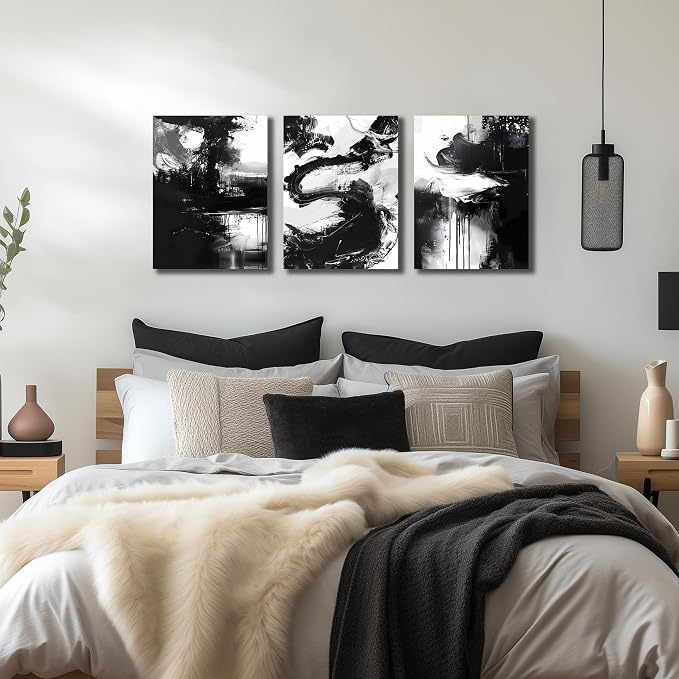 DNIEOTU Abstract Wall Art for Living Room, Black and White Canvas Wall-Decor for Bedroom, Picture Prints, Size 12 x 16 Inches 3-Pieces