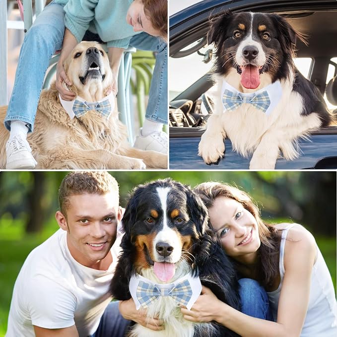 Segarty Dog Bow Tie Neck Girth 16.5-21.2in, Adjustable Blue Plaid Bowtie Collar for Extra Large Dogs, Dog Tuxedo Comfortable Cotton Boy Pet Grooming Accessory for Formal Wedding Holiday Birthday Party
