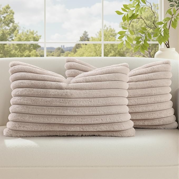 decorUhome Fall Faux Fur Throw Pillow Covers 12x20 Set of 2 Tan | Decorative Soft Cozy Striped Plush Modern Farmhouse Boho Couch Pillow Cases Velvet Back for Sofa Bed Living Room Home Decor