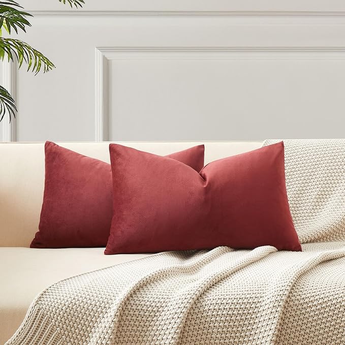 12x20 Lumbar Throw Pillow Covers Set of 2 for Couch Bed Sofa,Dark Red | Decorative Soft Velvet Cushion Covers with Invisible Zipper for Living Room Bedroom Home Decor Christmas