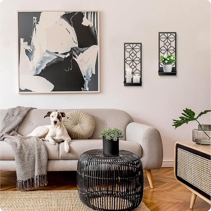 Black Wall Candle Holder Set of 2, Farmhouse Bathroom Metal Wall Decor | 3D Wall Candle Sconces, Rustic Vintage Wall Art for Bedroom, Living Room (16.5 x 7 in)