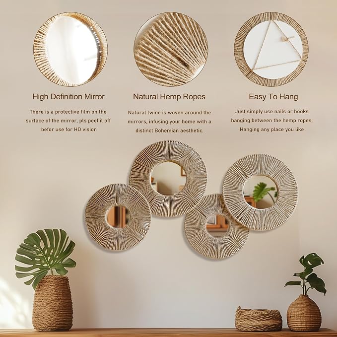 Artilady Hanging Baskets Wall Art with Mirror, 4Pcs Boho Coastal Wall Decor | Woven Wicker Basket, Farmhouse Rustic Jute, Bedroom Living Room Nursery Home Decor