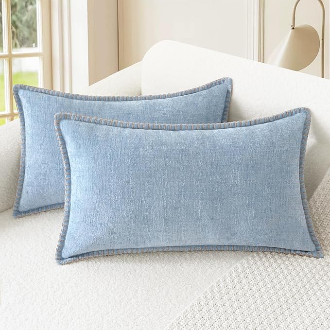 CaliTime Decorative Couch Throw Pillow Covers 20 X 12 Inches Baby Blue | Pack of 2, Cozy Chenille Cushion Cases, Cotton Thread Stitching Edges, for Sofa Bed Living Room Farmhouse
